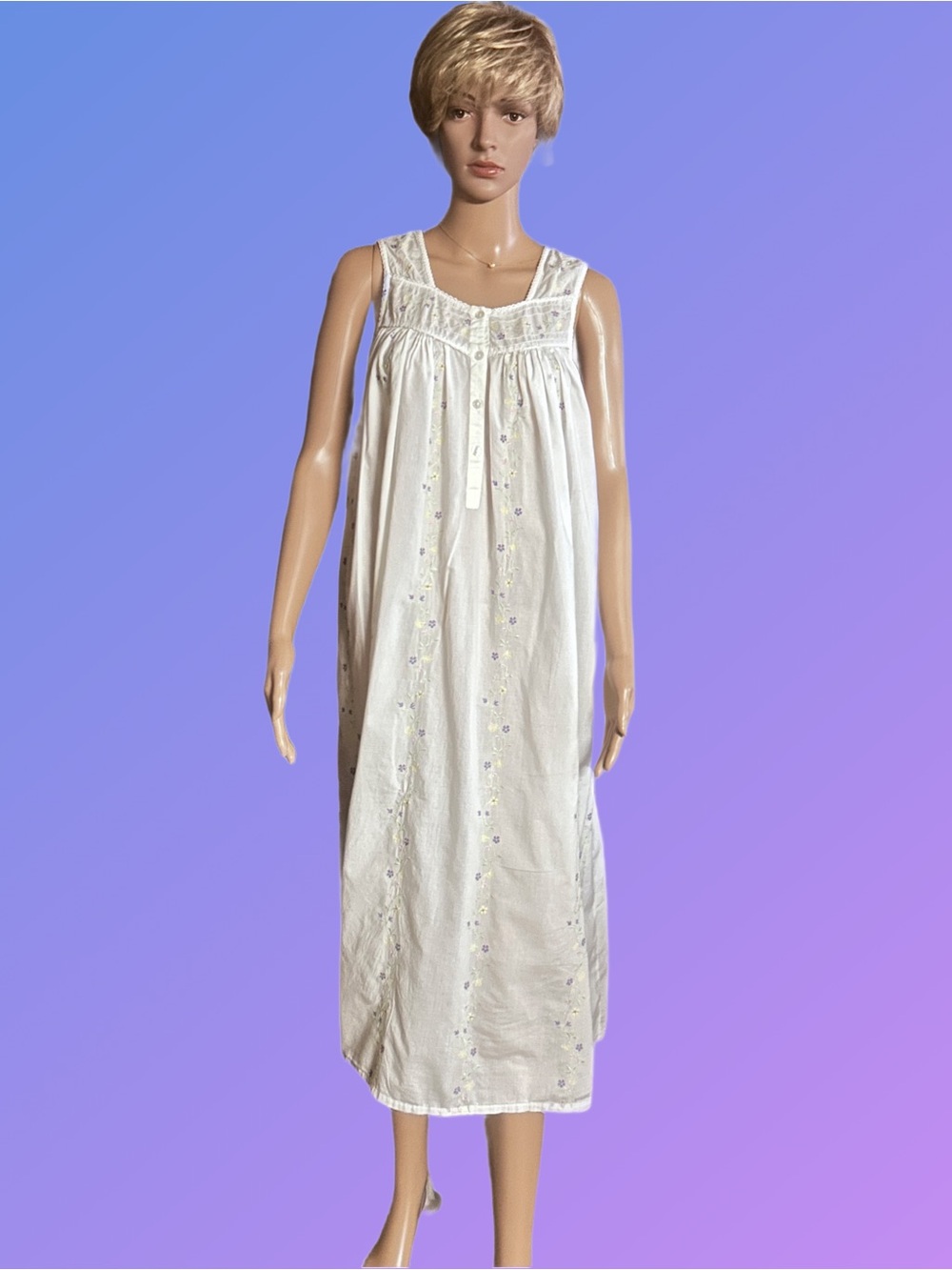 Adonna ~ Small ~ White W/ Floral Yellow & Purple Embroidery ~ Nightgown